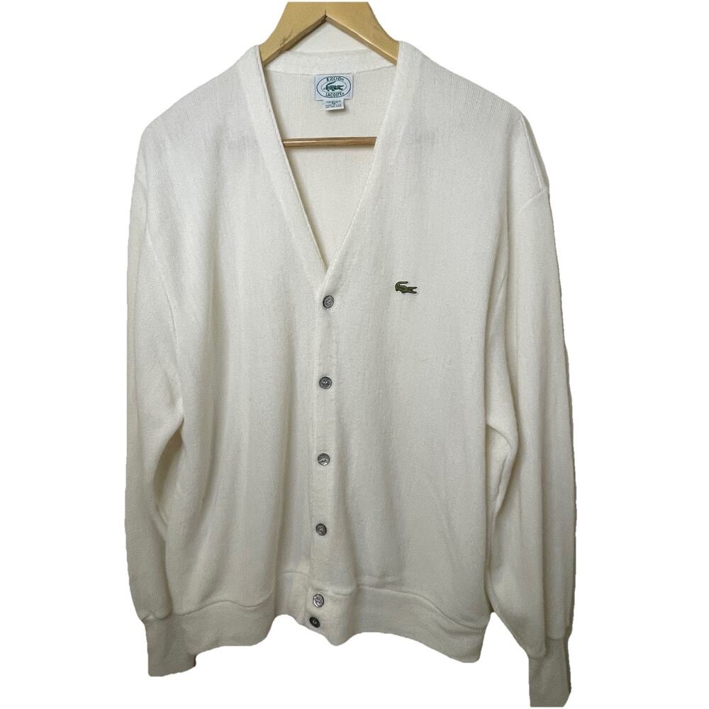 VTG 80s IZOD Lacoste White Cardigan Sweater Gator Preppy Ivy League Tennis XL